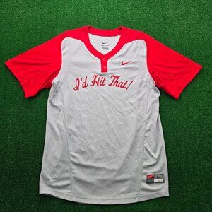 Nike‎ Dri Fit Baseball Jersey Mens Large Gray Red I’d Hit That Sports Casual